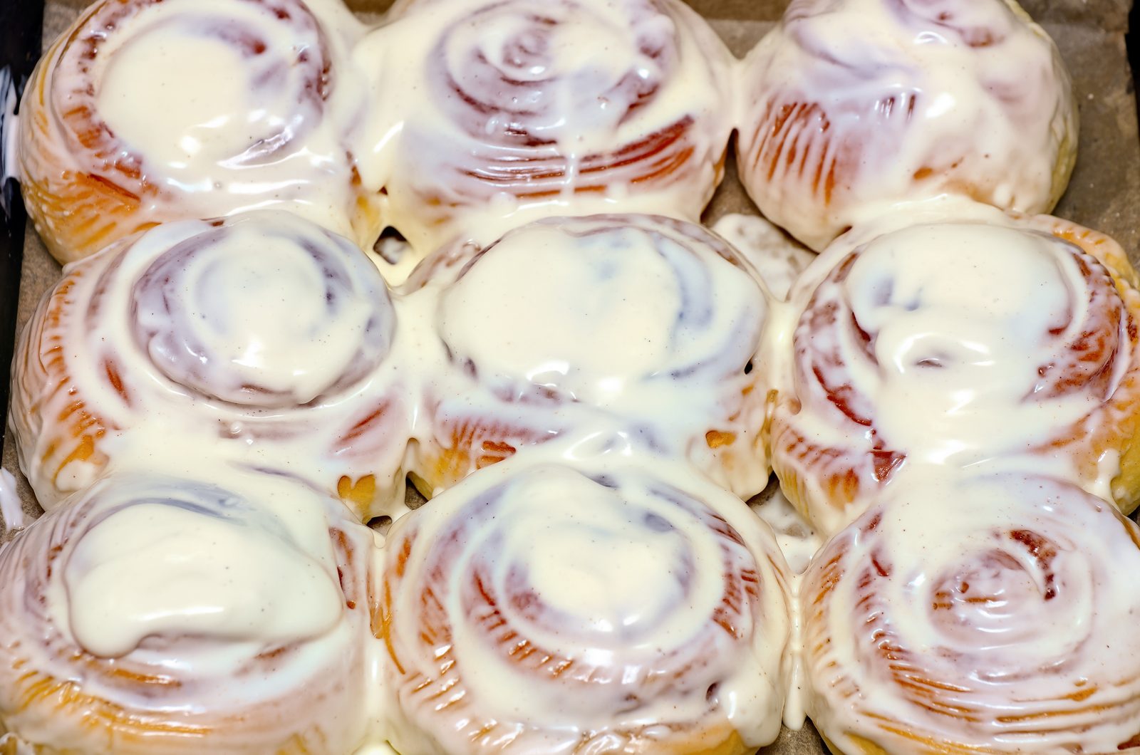 Tray of frosted cinnamon morning buns